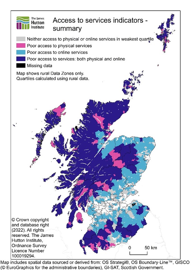 A map depicting access to services data on a colour scale